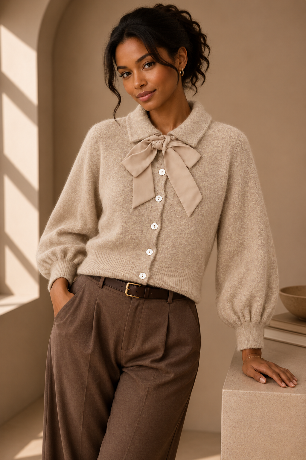 Amélie Bow Cardigan – Beige