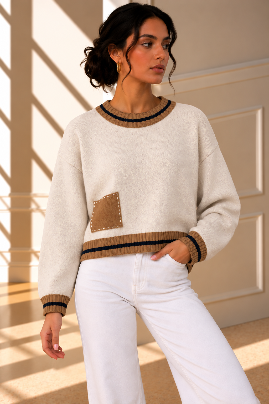 Aubrey Contrast Trim Knit Jumper – Cream