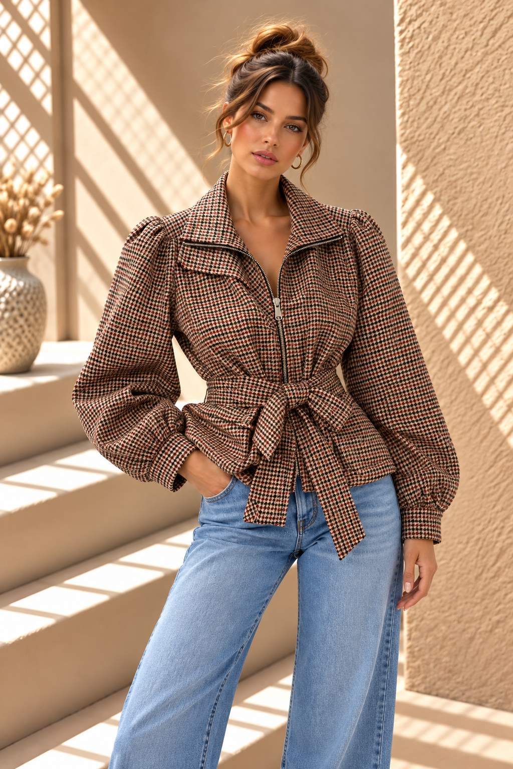 Aveline Houndstooth Belted Jacket – Brown
