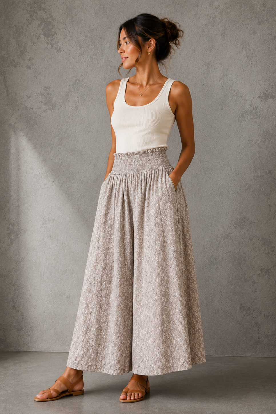 Boho Taupe Wide-Leg Pants