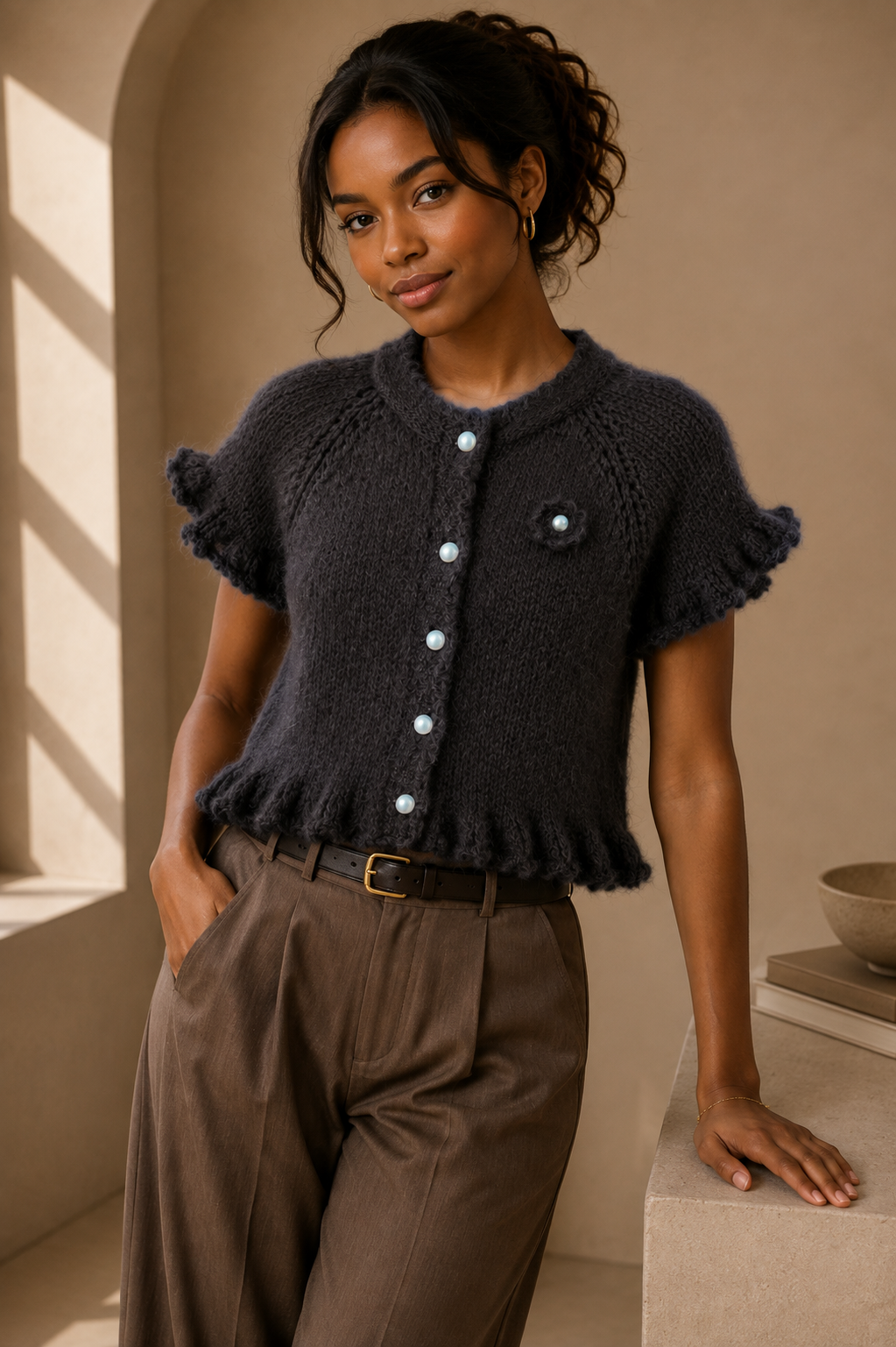 Camille Pearl Knit Top – Navy