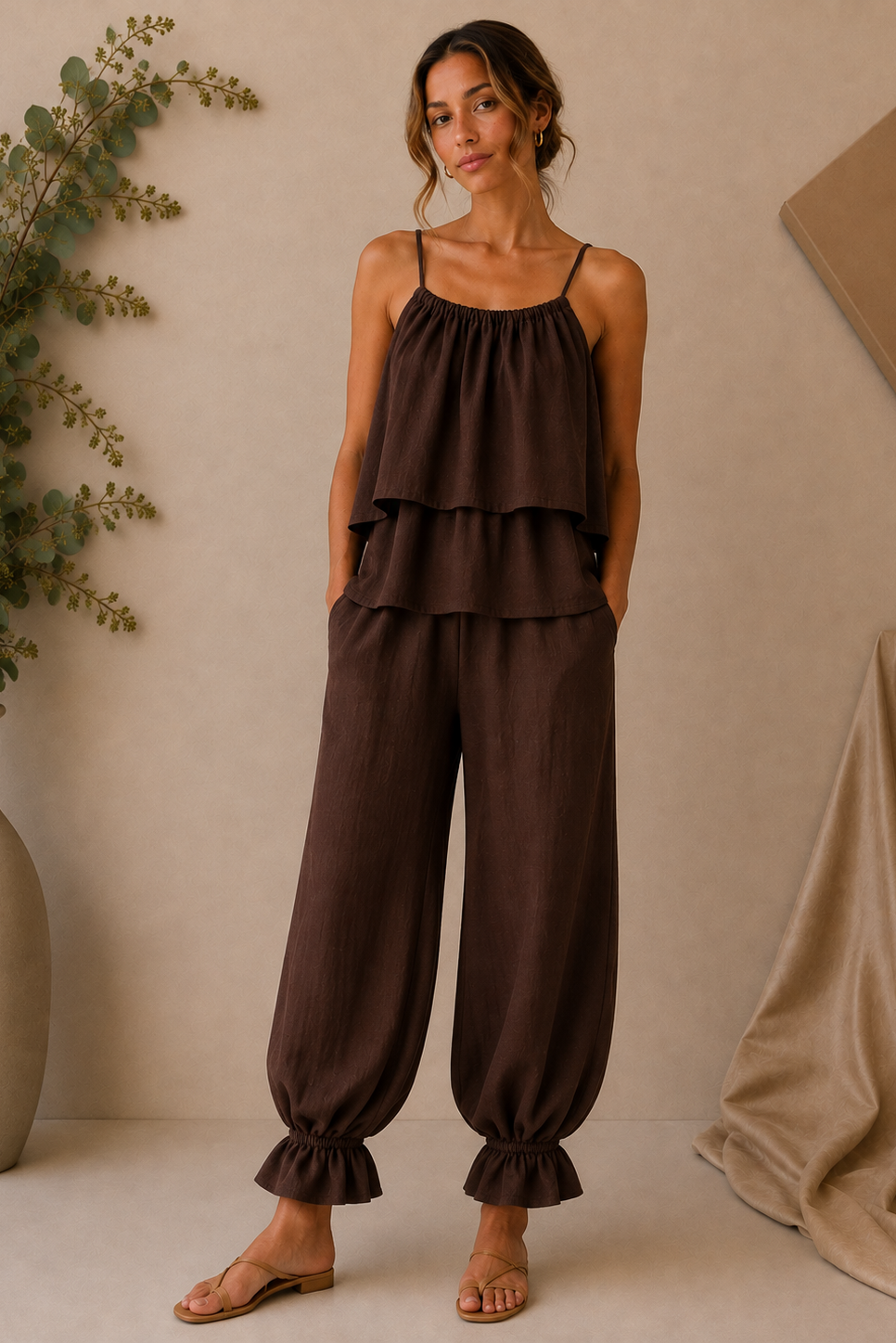 Chocolate Brown Ruched & Ruffled-Hem Set
