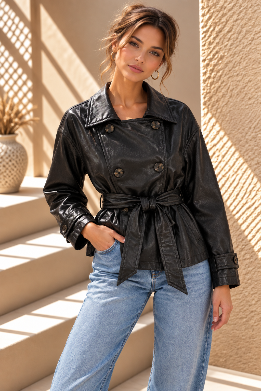 Cleo Belted Faux Leather Jacket – Black