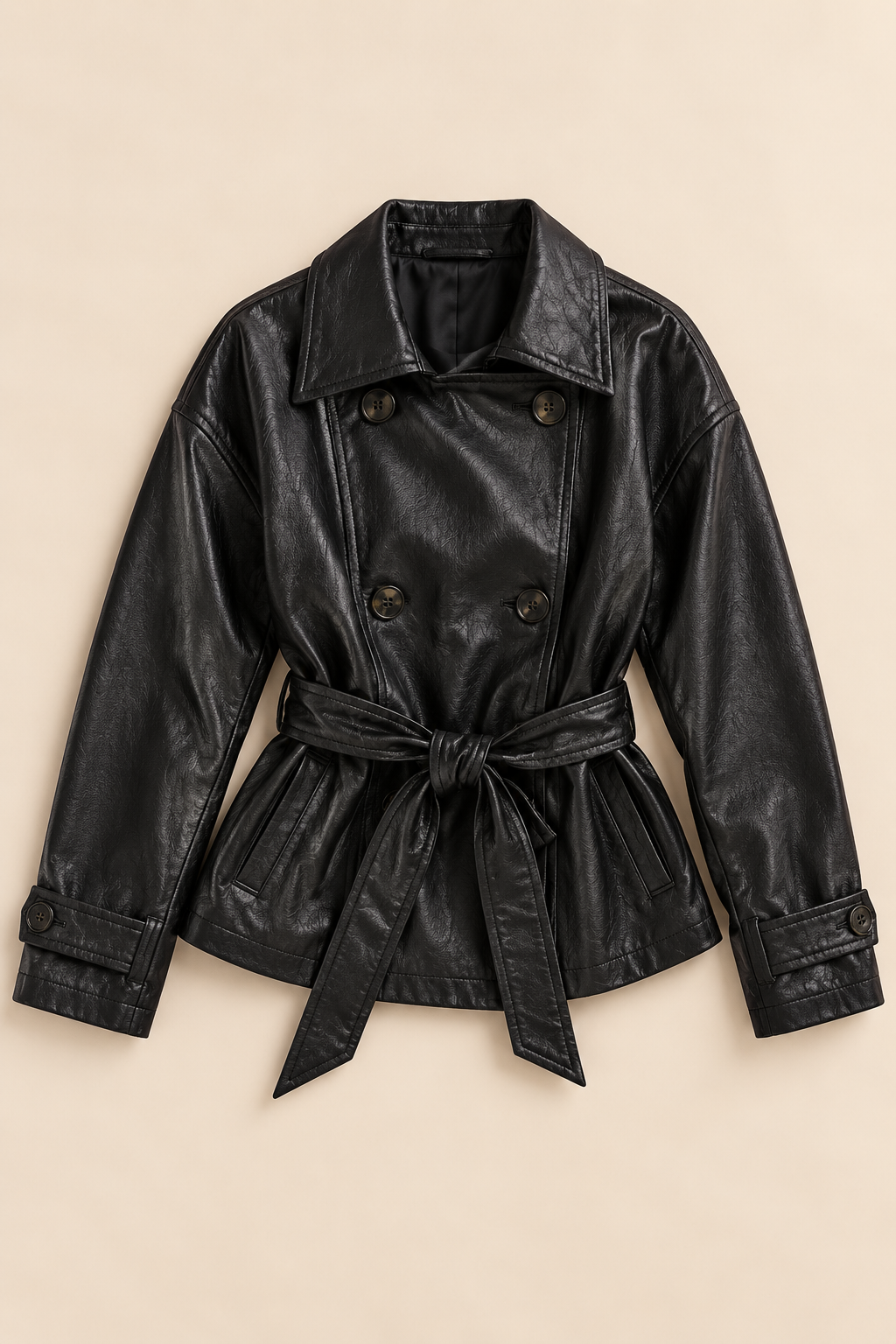 Cleo Belted Faux Leather Jacket – Black