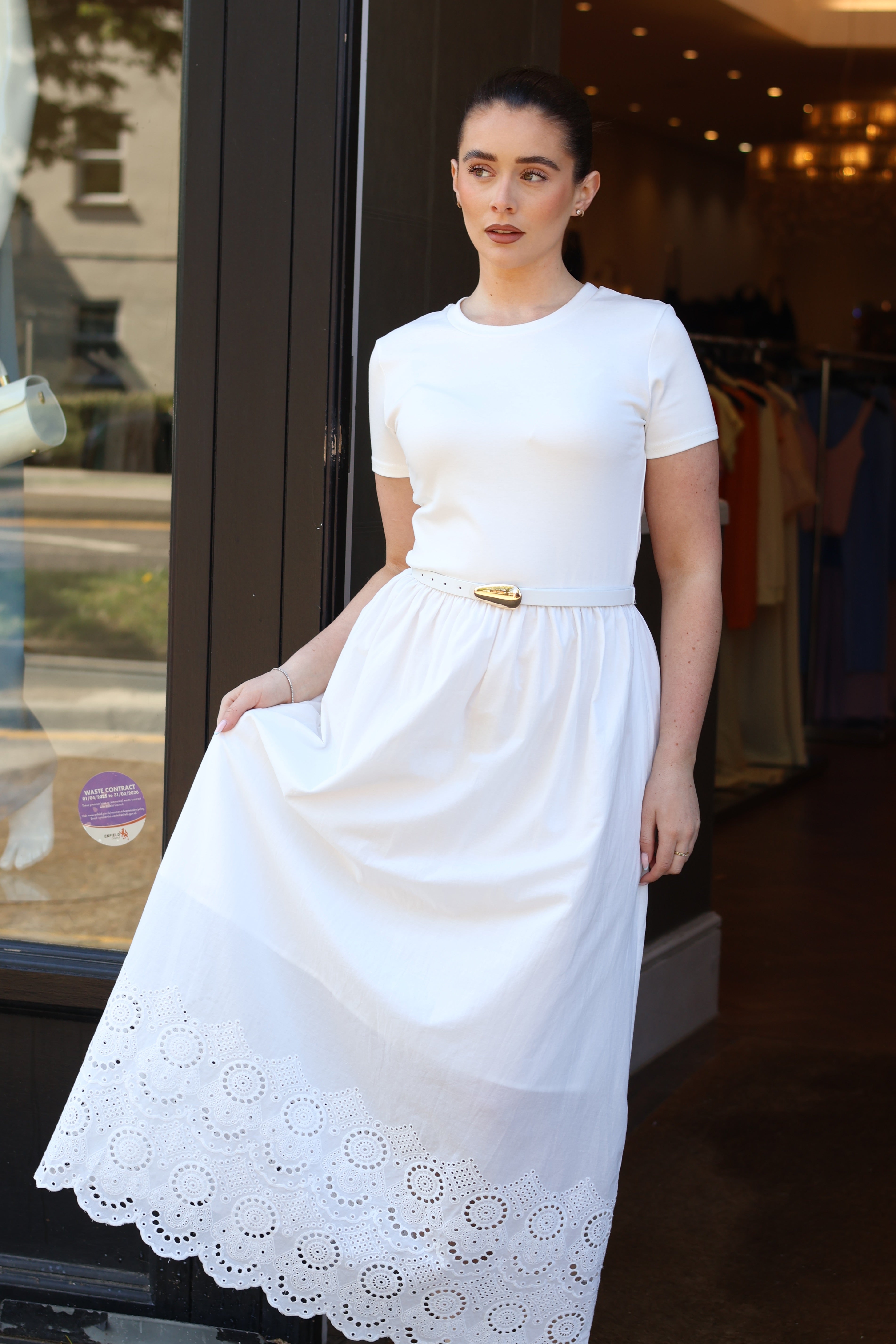 Vera Belted Broderie Hem Midi Dress