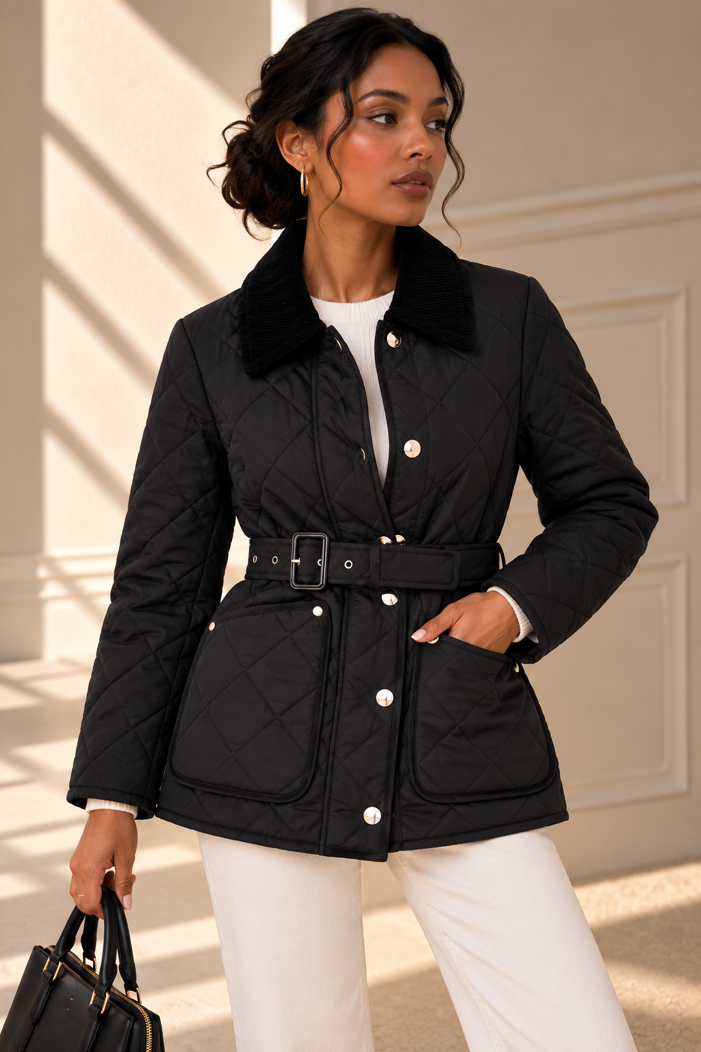 Mabel Quilted Belted Jacket – Black