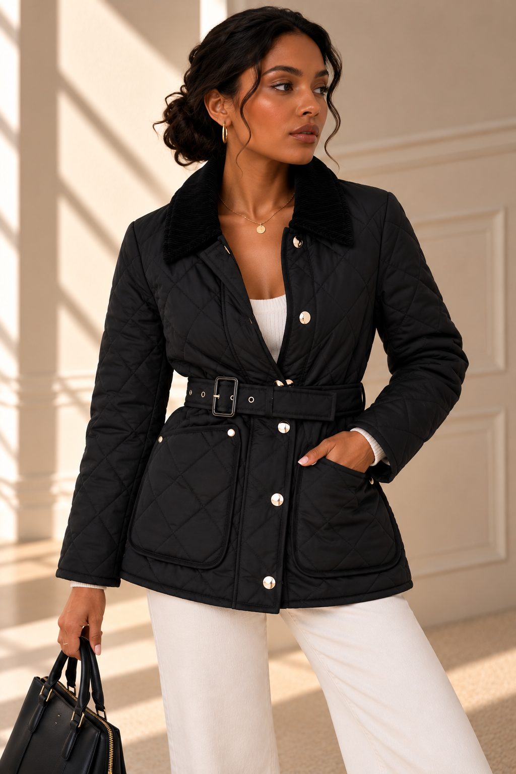 Mabel Quilted Belted Jacket – Black
