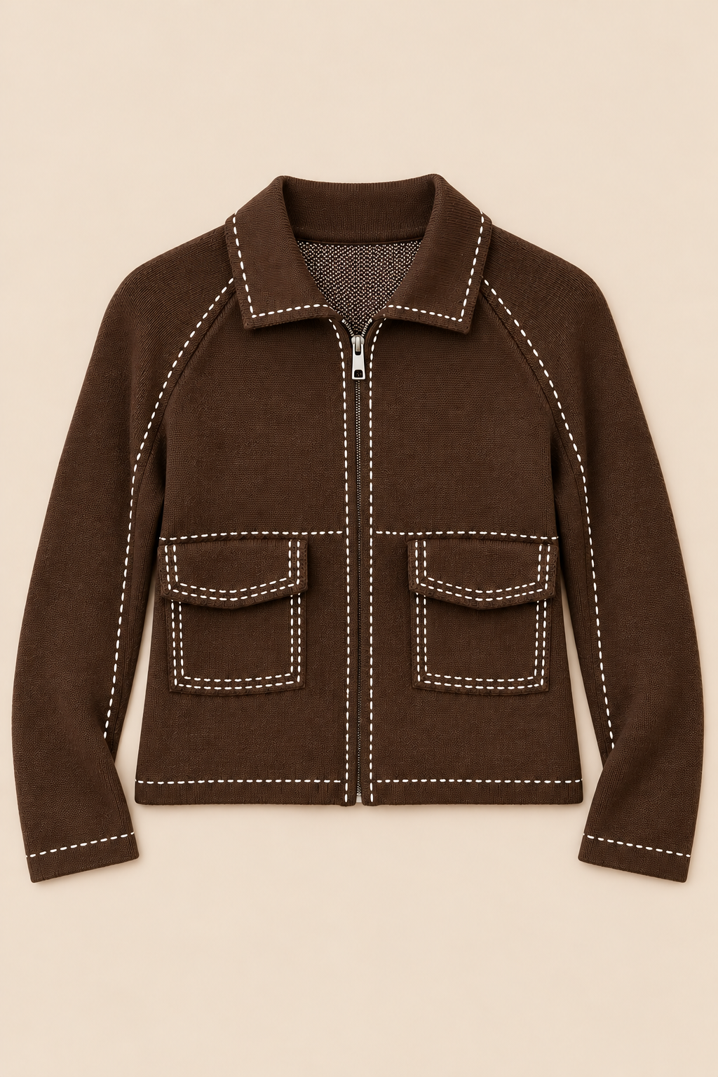 Marlowe Contrast Stitch Knit Jacket – Brown