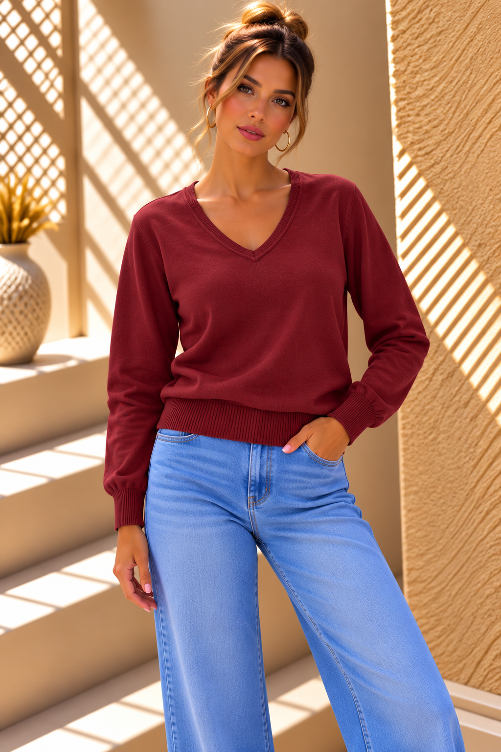 Mirelle V-Neck Knit – Burgundy