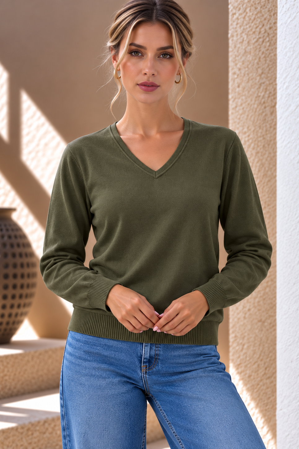Mirelle V-Neck Knit – Khaki