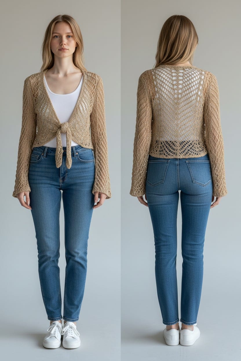 Elara Crochet Tie Cardigan – Beige