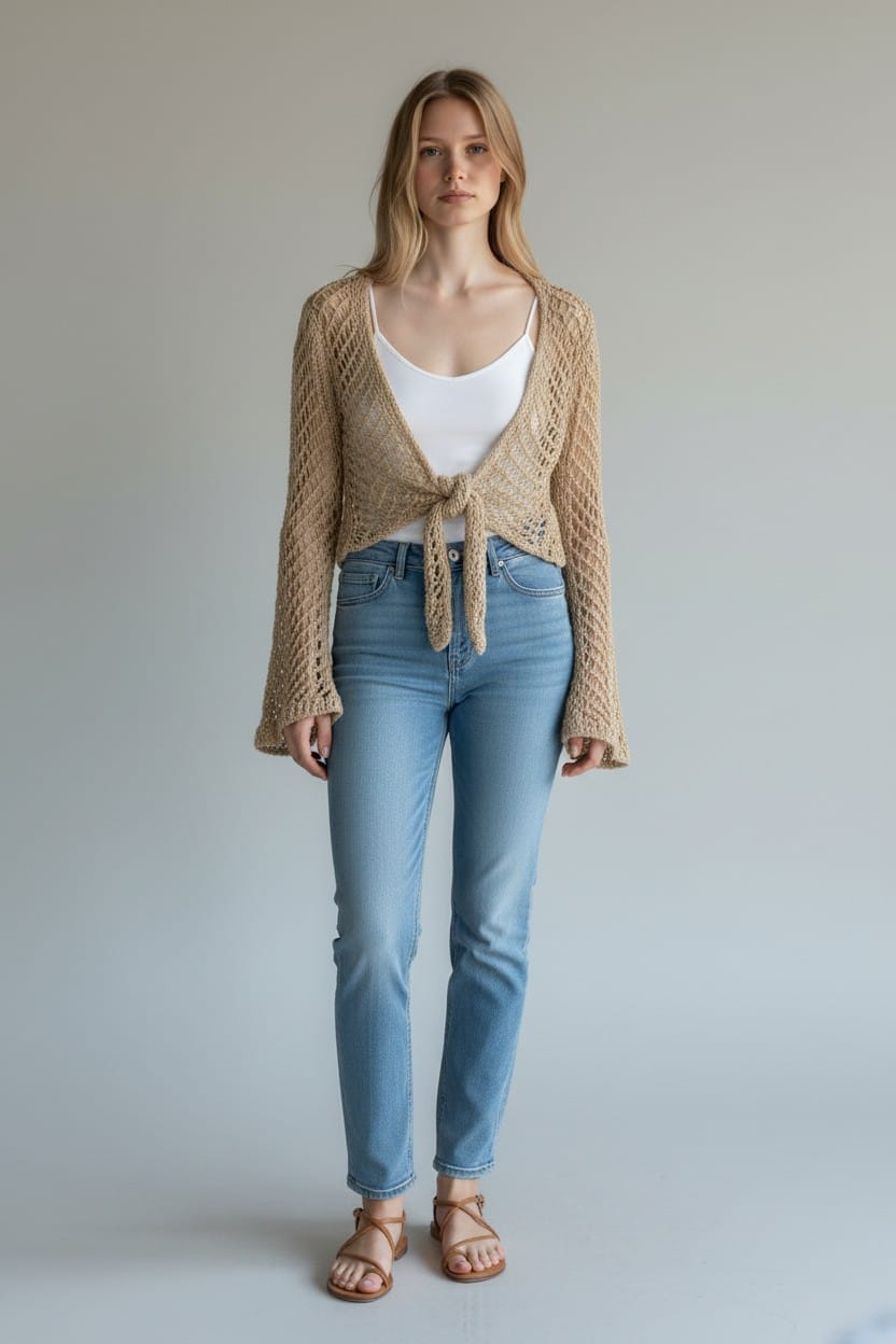 Elara Crochet Tie Cardigan – Beige
