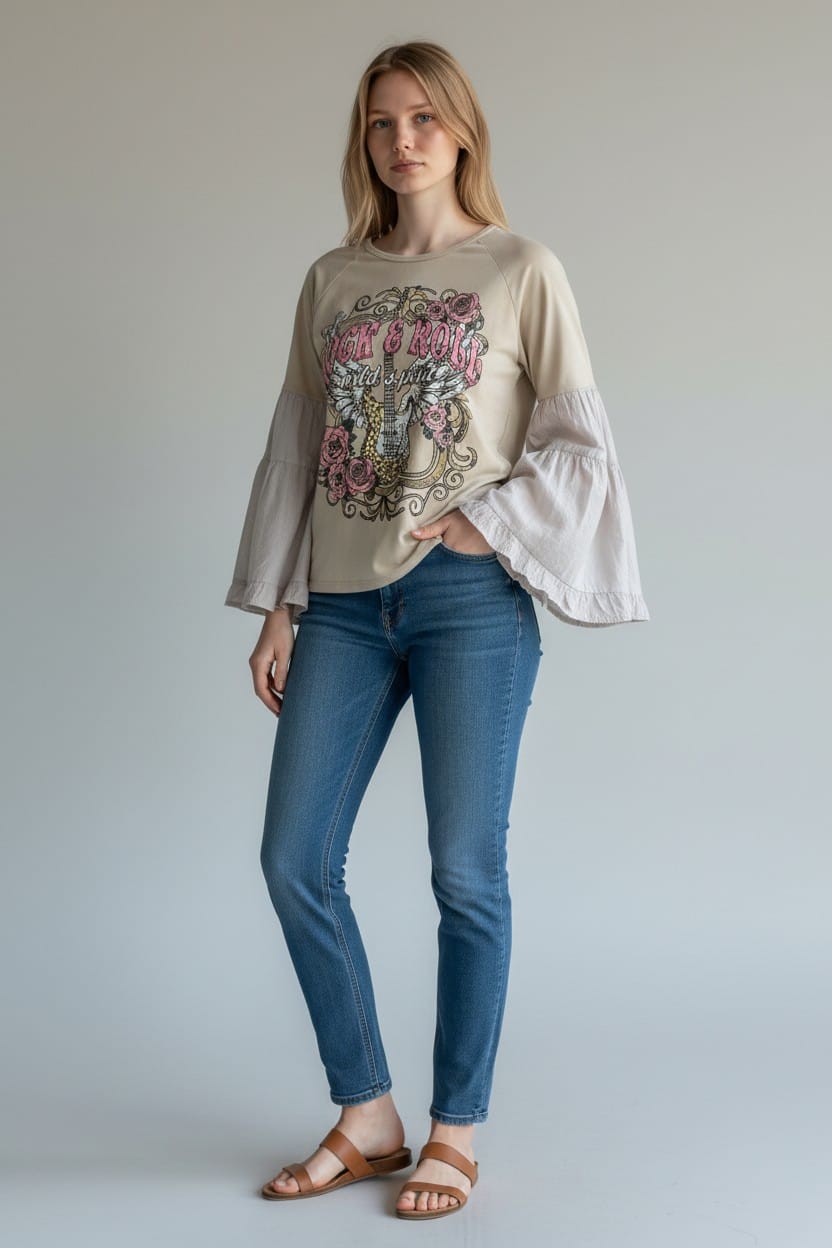 Vintage Bloom Statement Top – Sand Beige