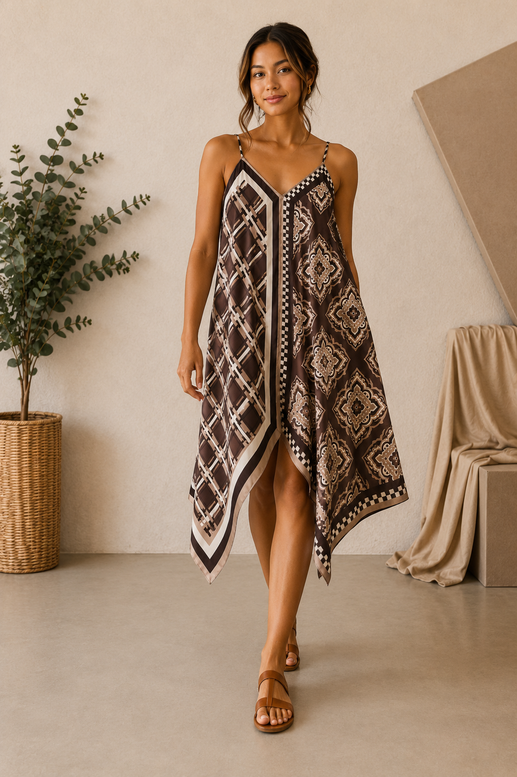 Palermo Mosaic Satin Dress - Brown
