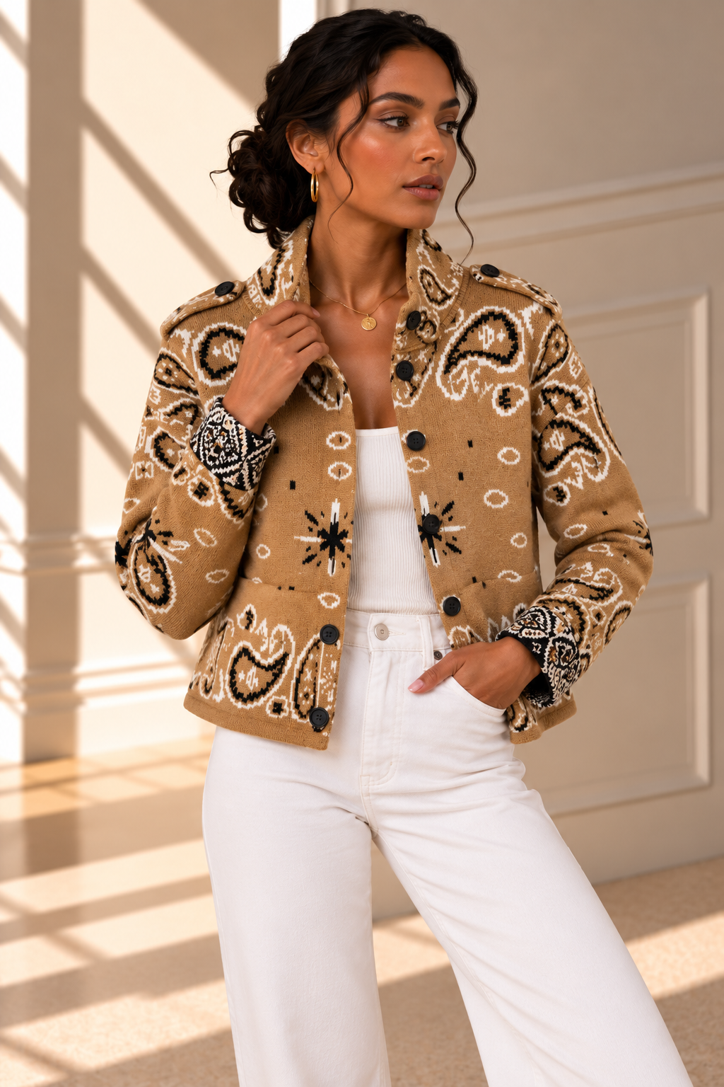 Romy Paisley Knit Jacket – Camel