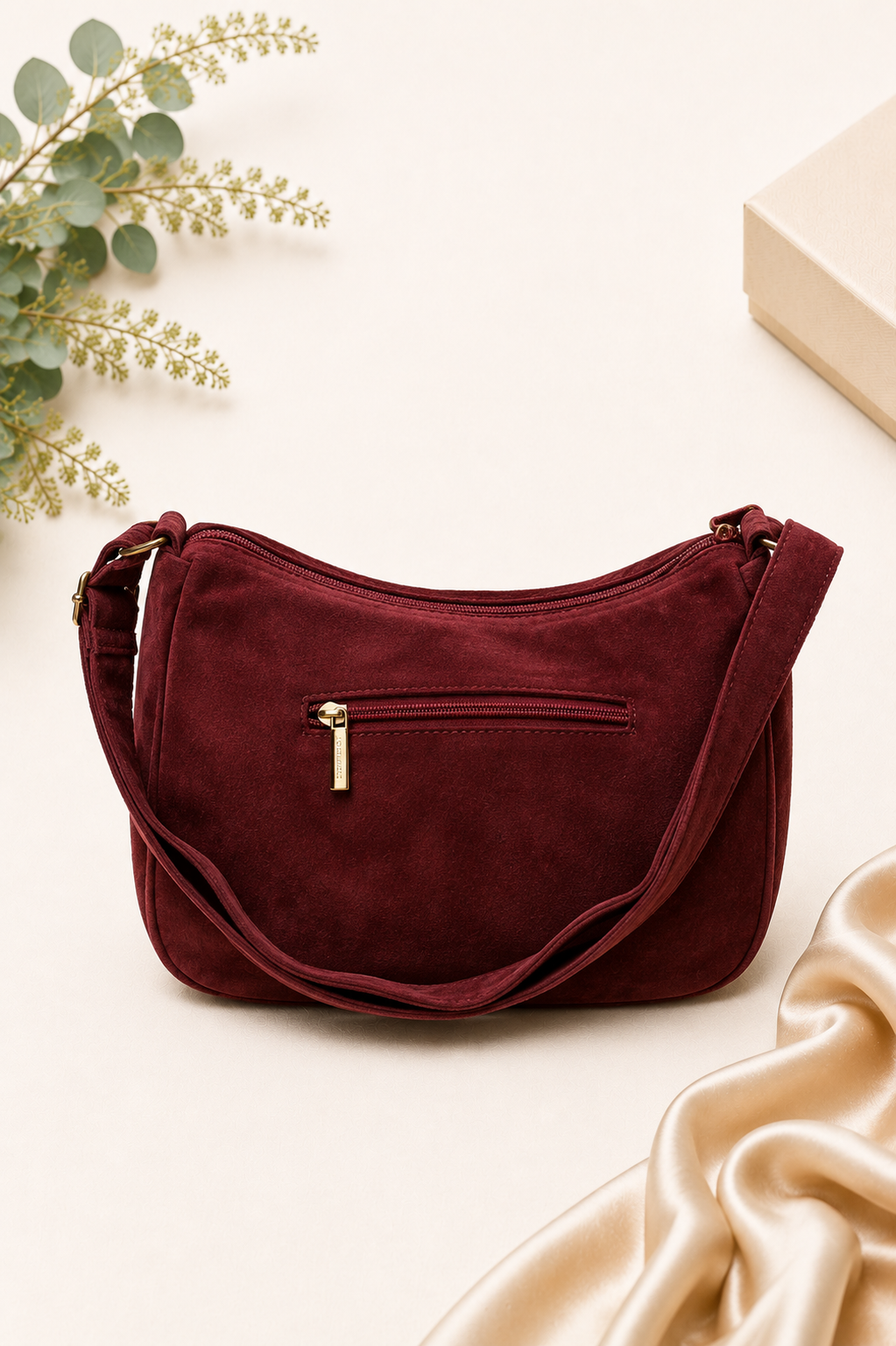 Suede Hobo Bag - Burgundy
