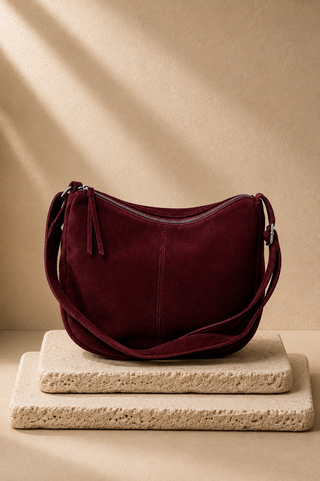 Suede Hobo Bag - Burgundy