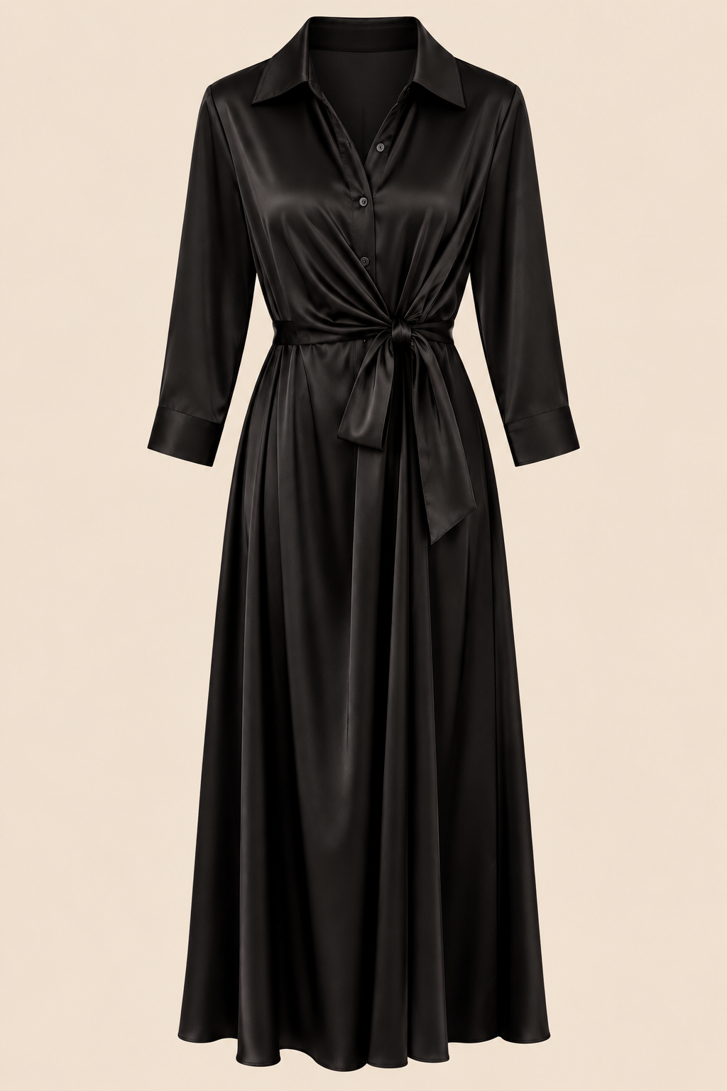 Valentina Satin Tie Waist Dress – Black