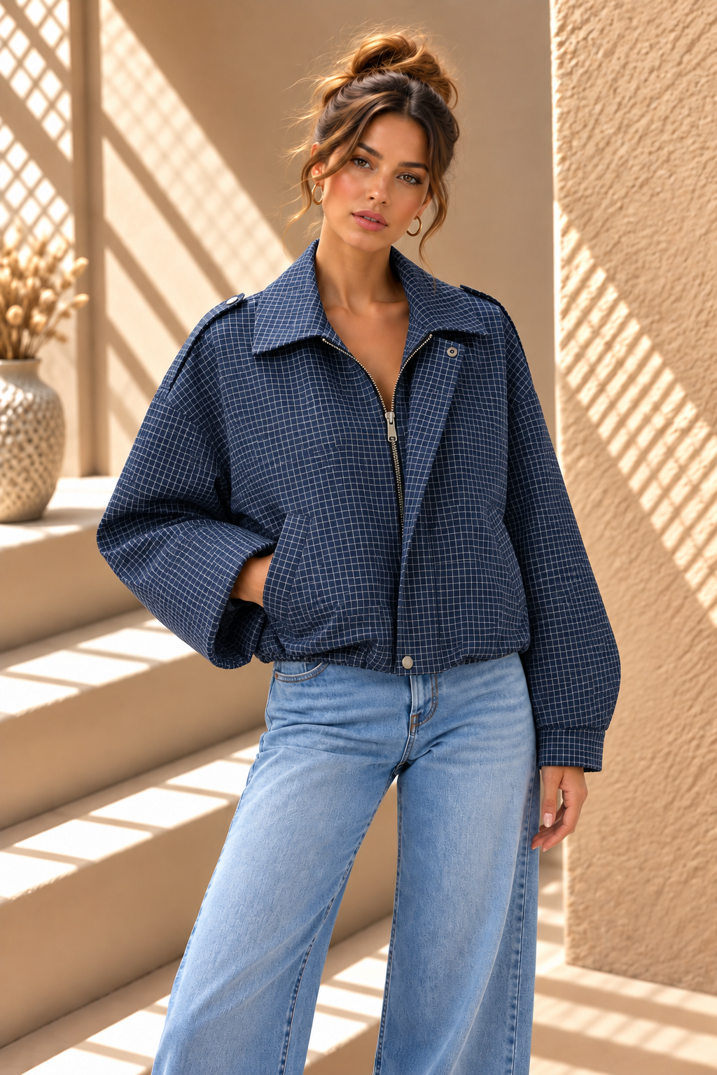 Veyra Check Cropped Jacket – Blue