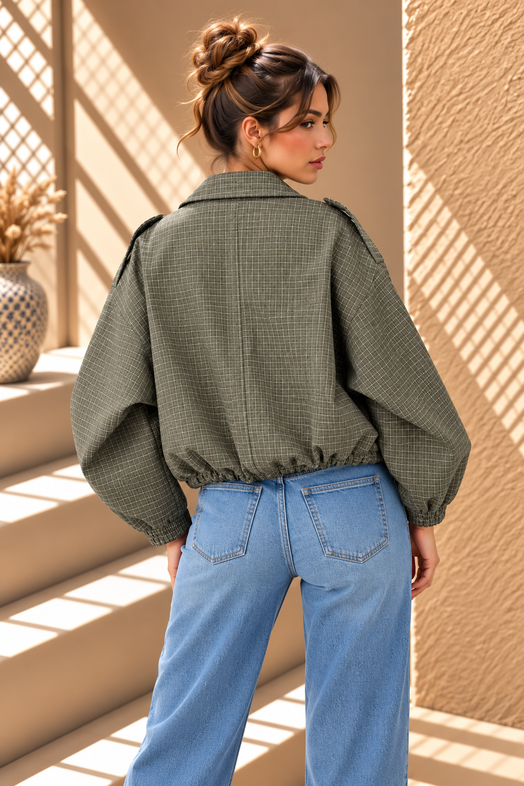 Veyra Check Cropped Jacket – Green