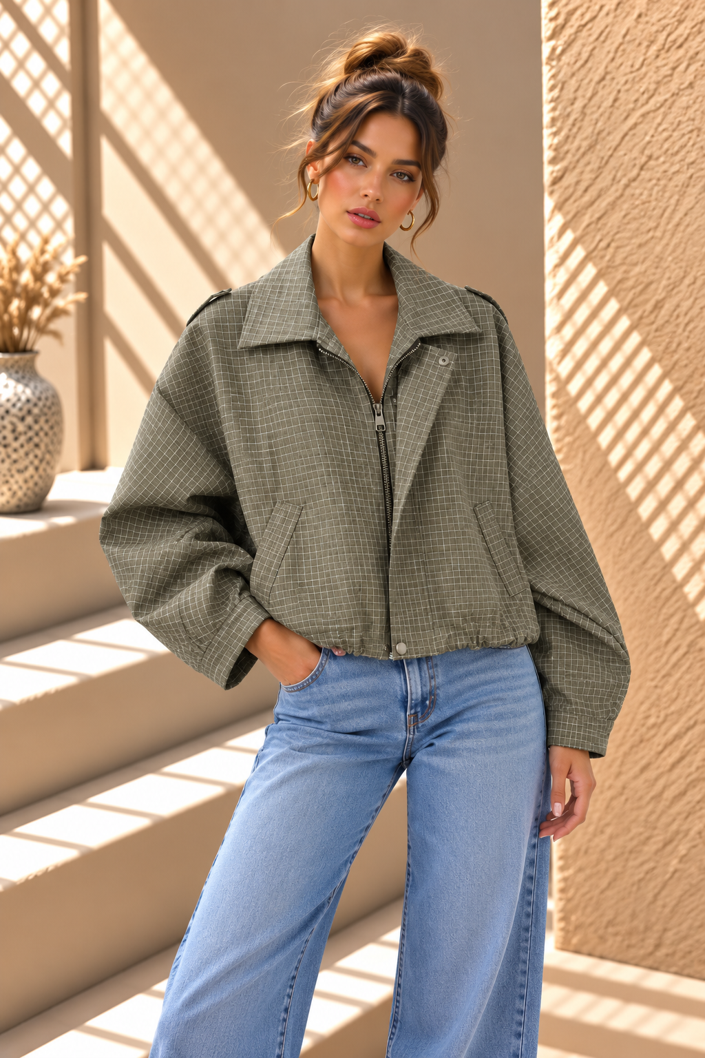 Veyra Check Cropped Jacket – Green