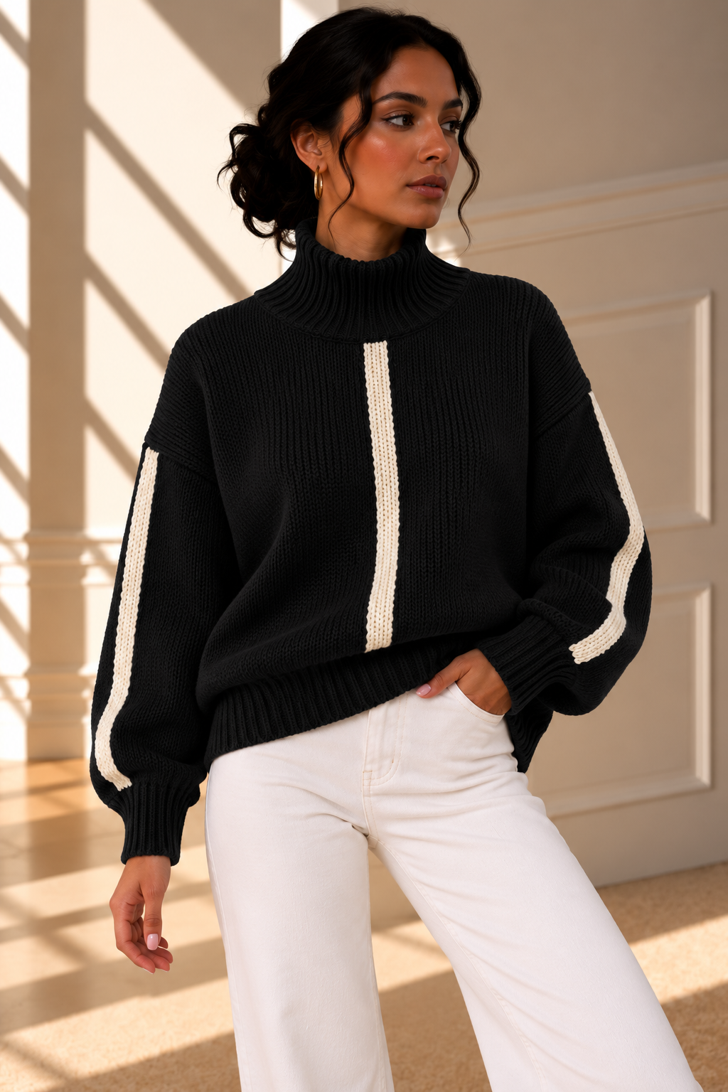 Vienna Contrast Stripe Knit Jumper – Black
