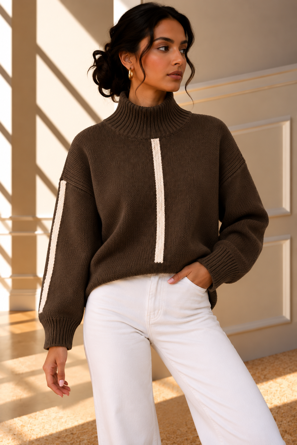 Vienna Contrast Stripe Knit Jumper – Brown