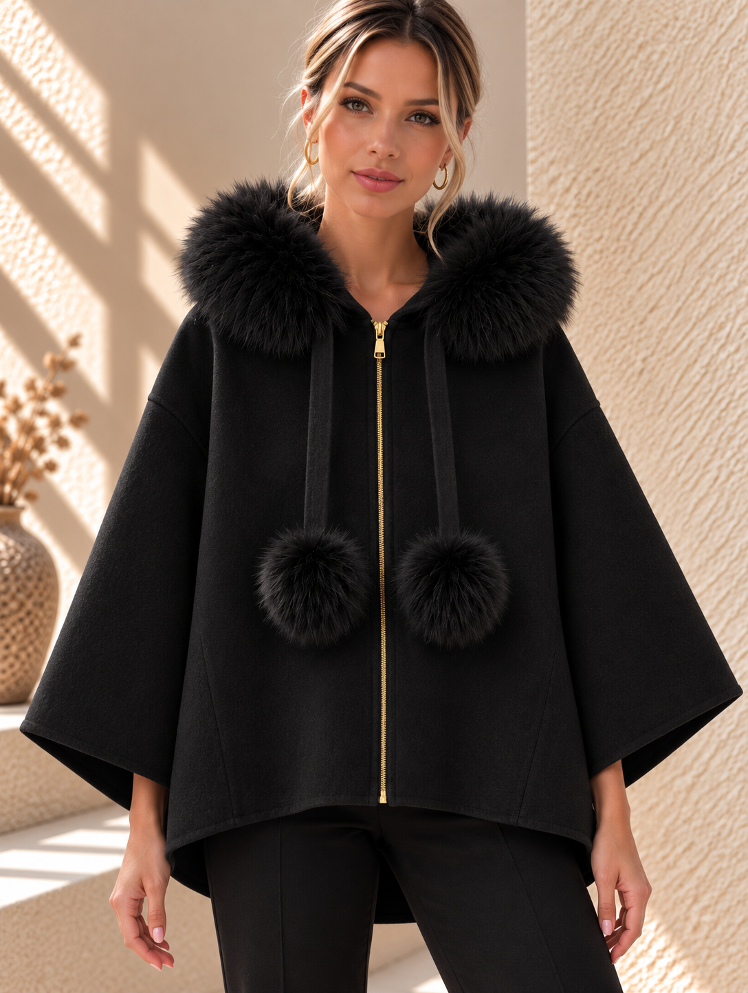 Virelle Fur Trim Cape – Black