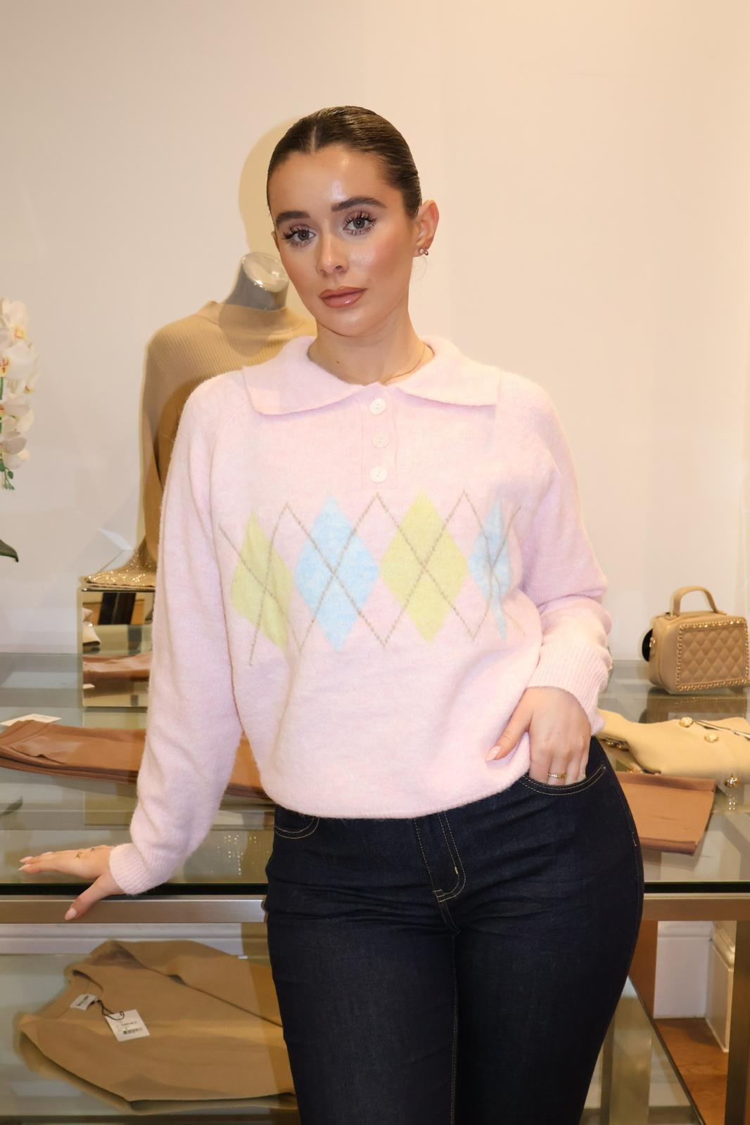 Argyle Collar Jumper | Pastel Mix