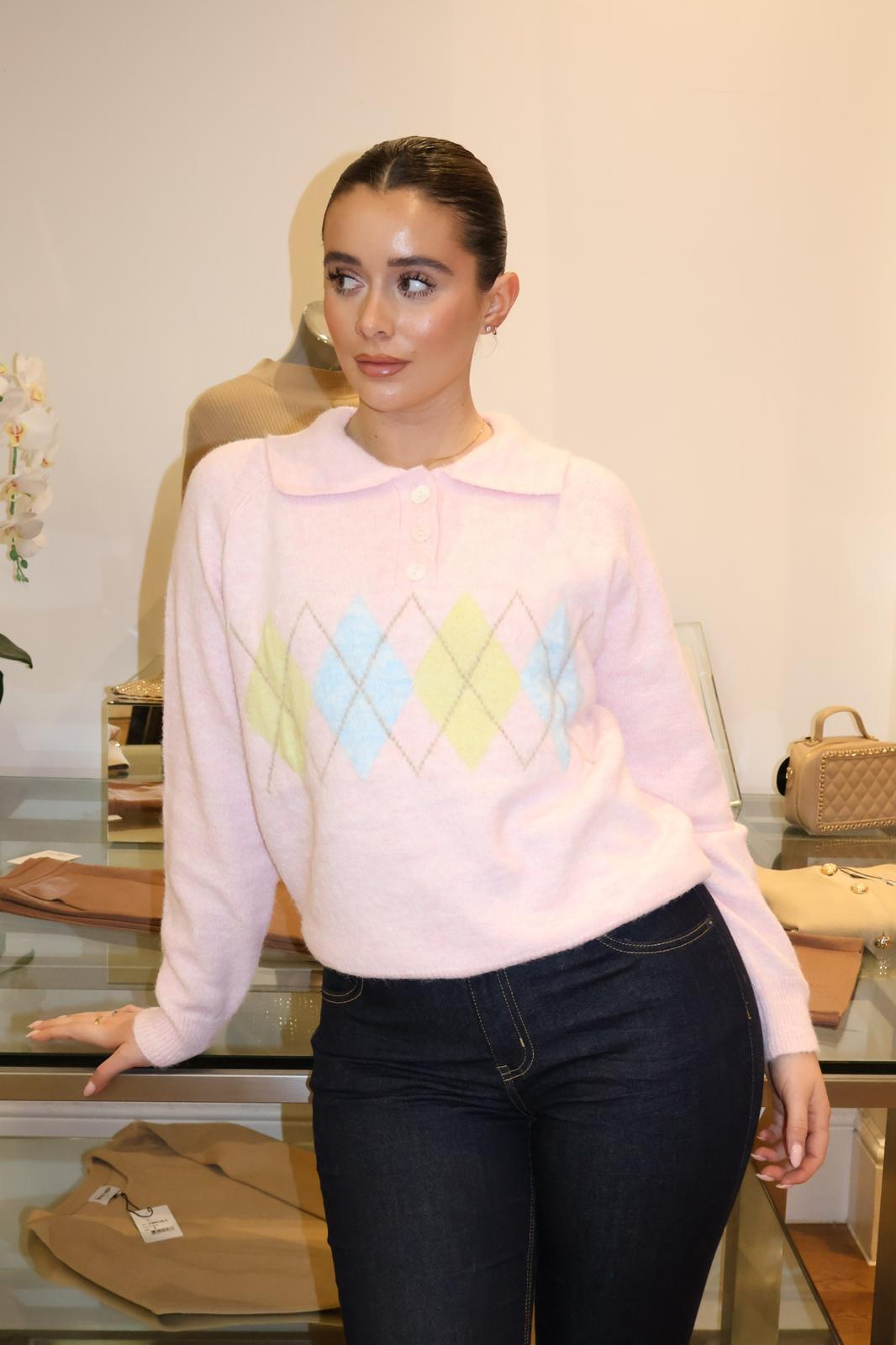 Argyle Collar Jumper | Pastel Mix