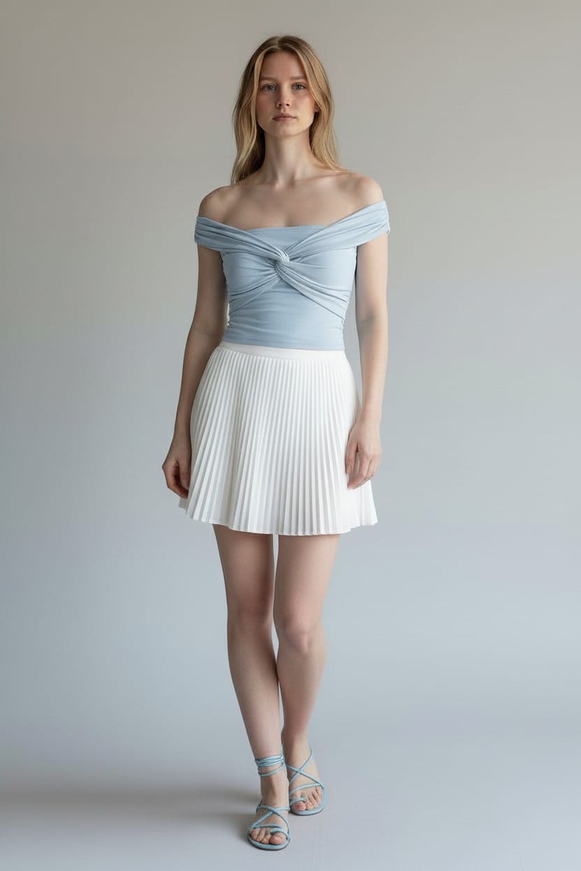 CloudMuse Twist Bardot Top – Powder Blue