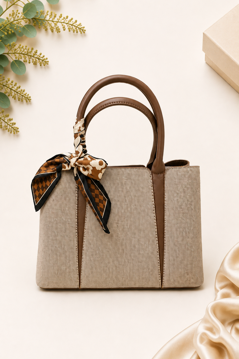 Woven Tote with Silk Scarf - Taupe