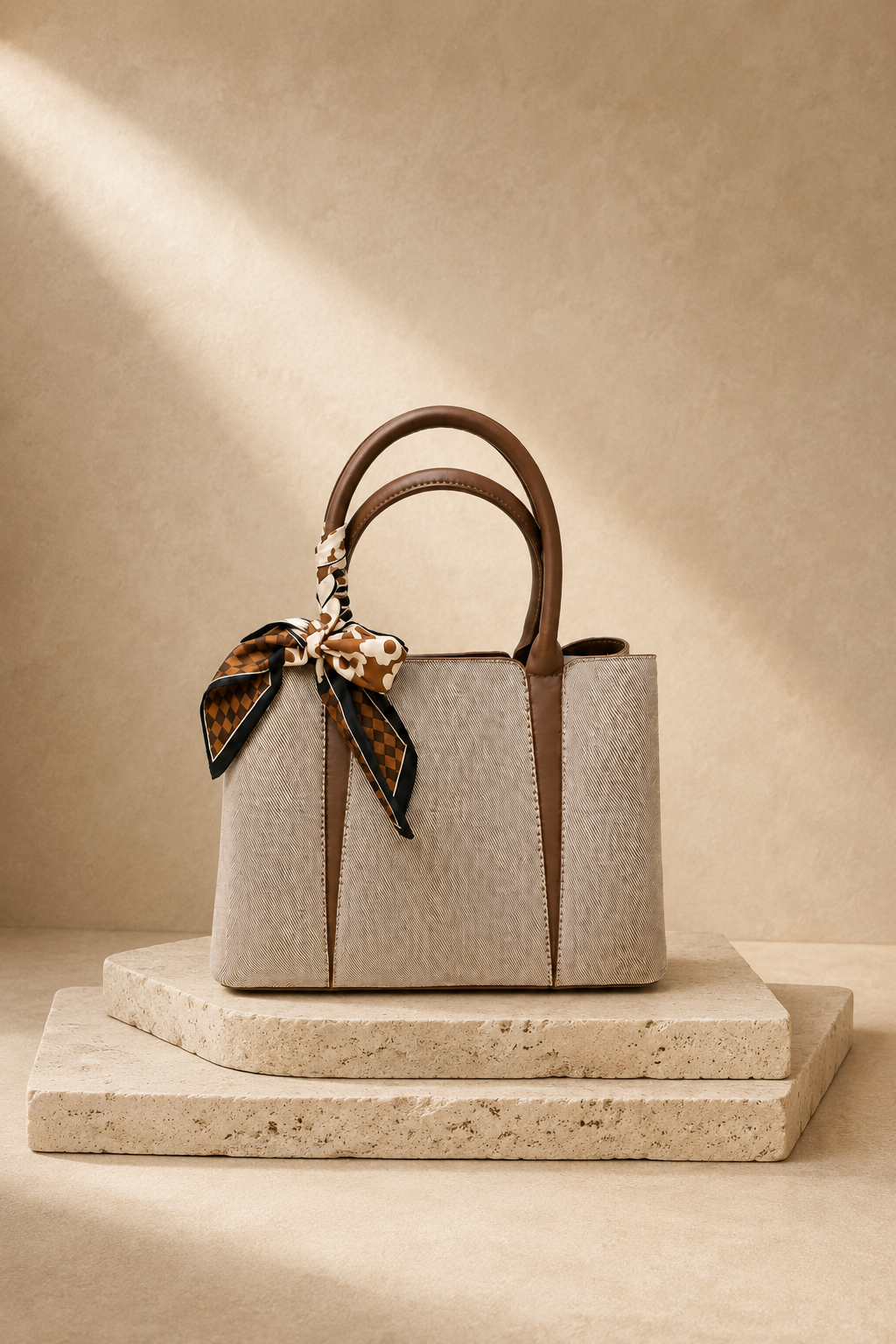 Woven Tote with Silk Scarf - Taupe