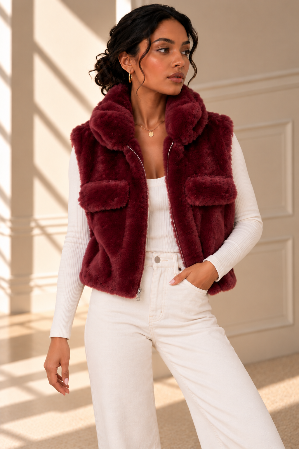 Alessia Faux Fur Gilet – Burgundy