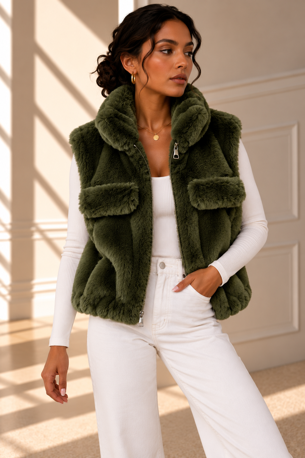 Alessia Faux Fur Gilet – Khaki