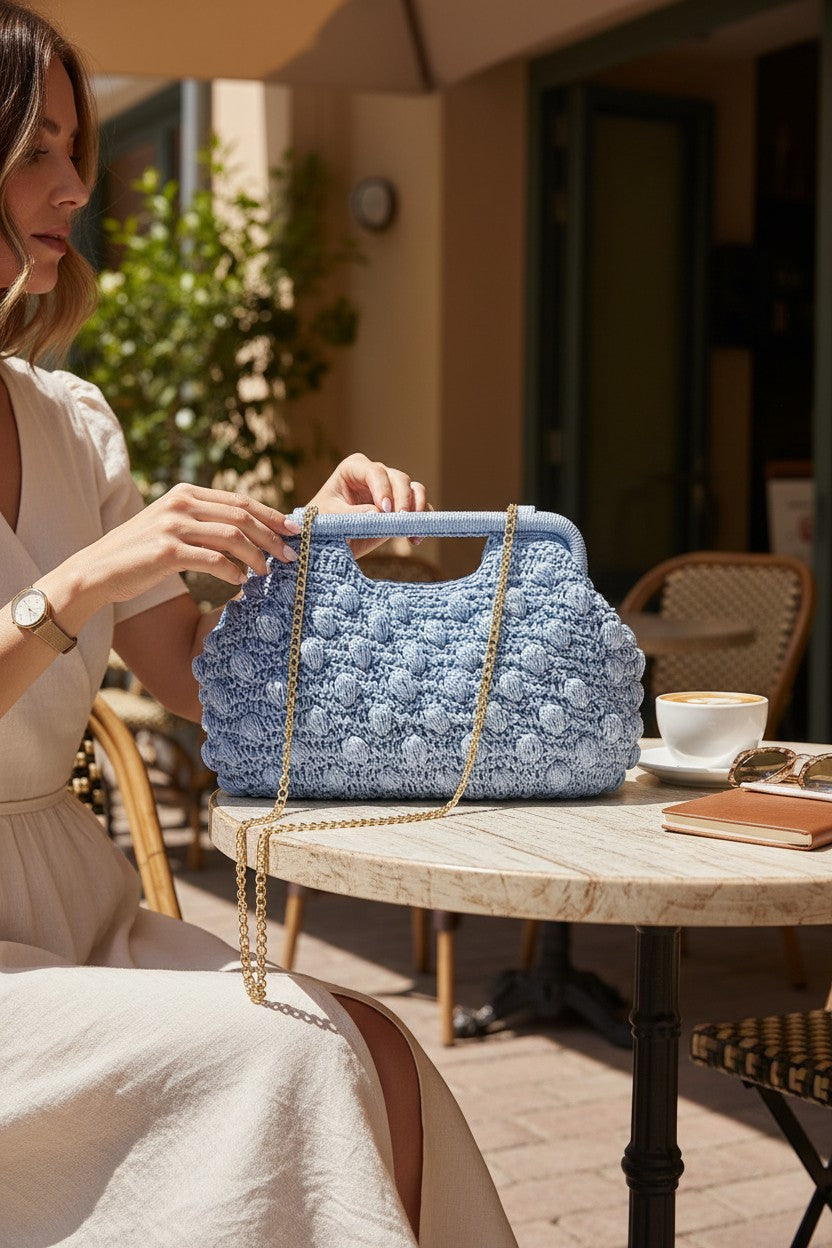 Amalfi Crochet Clutch - Powder Blue