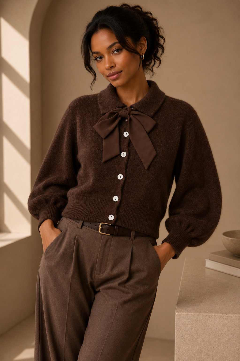 Amélie Bow Cardigan – Brown