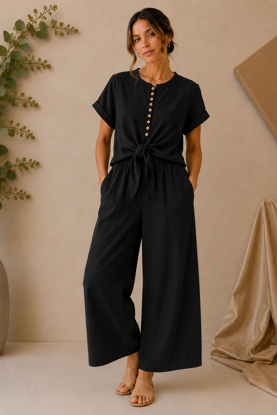 Black Buttoned Two-Piece Outfit