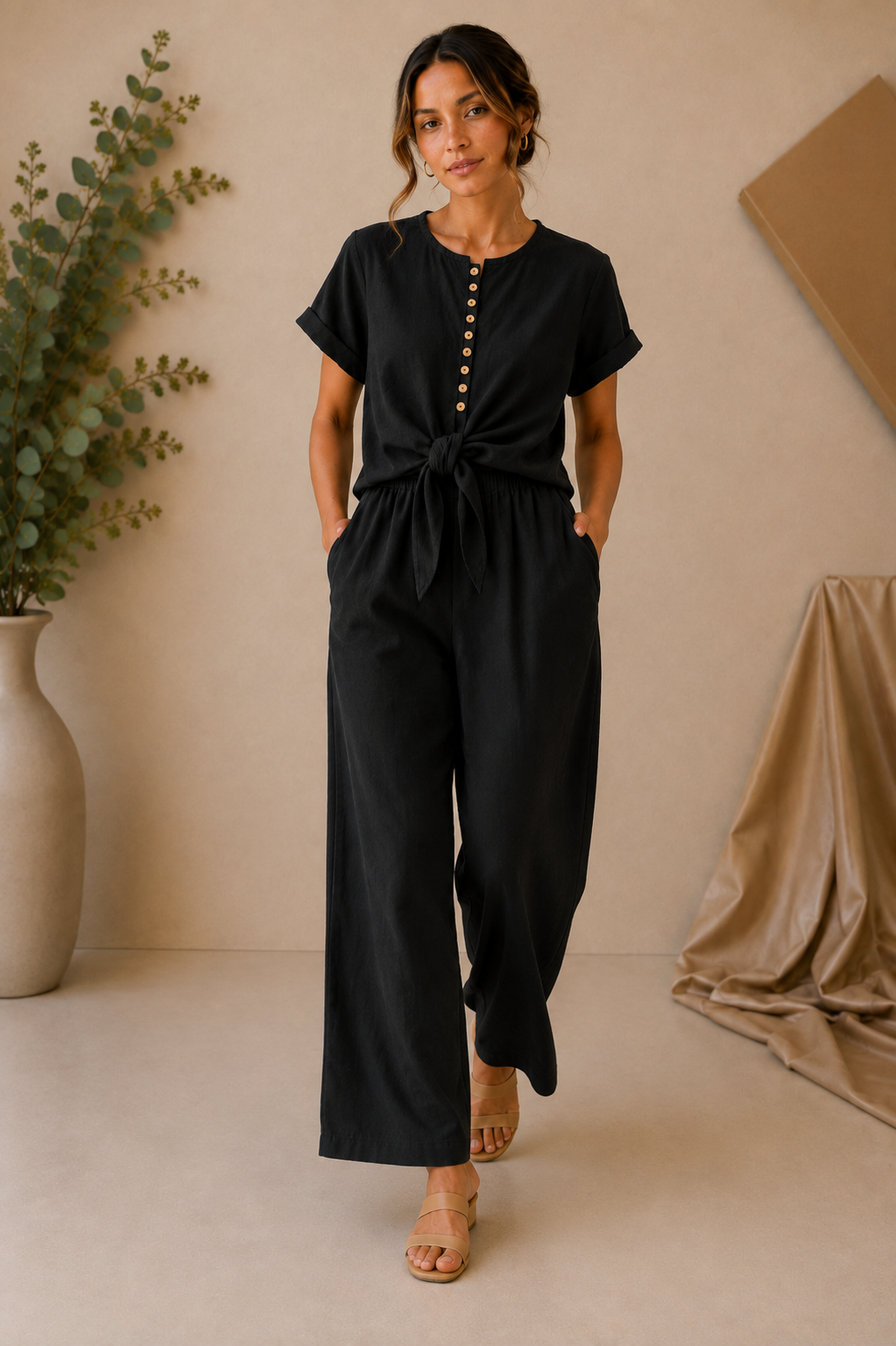 Black Buttoned Two-Piece Outfit