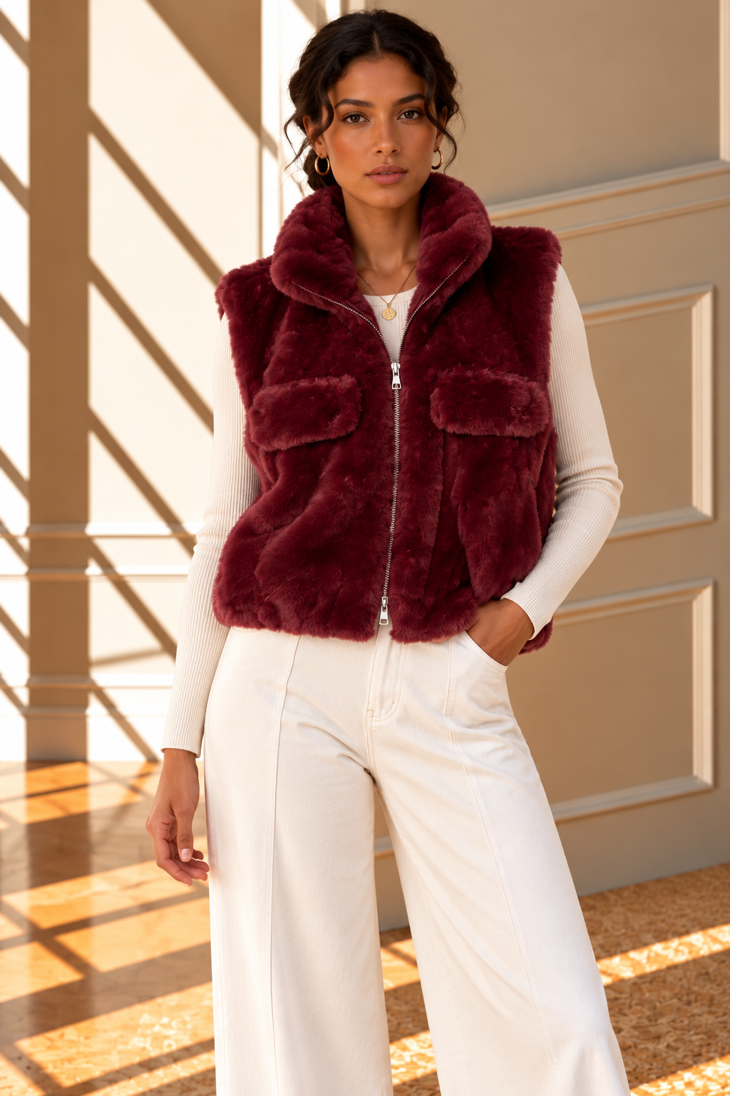 Alessia Faux Fur Gilet – Burgundy