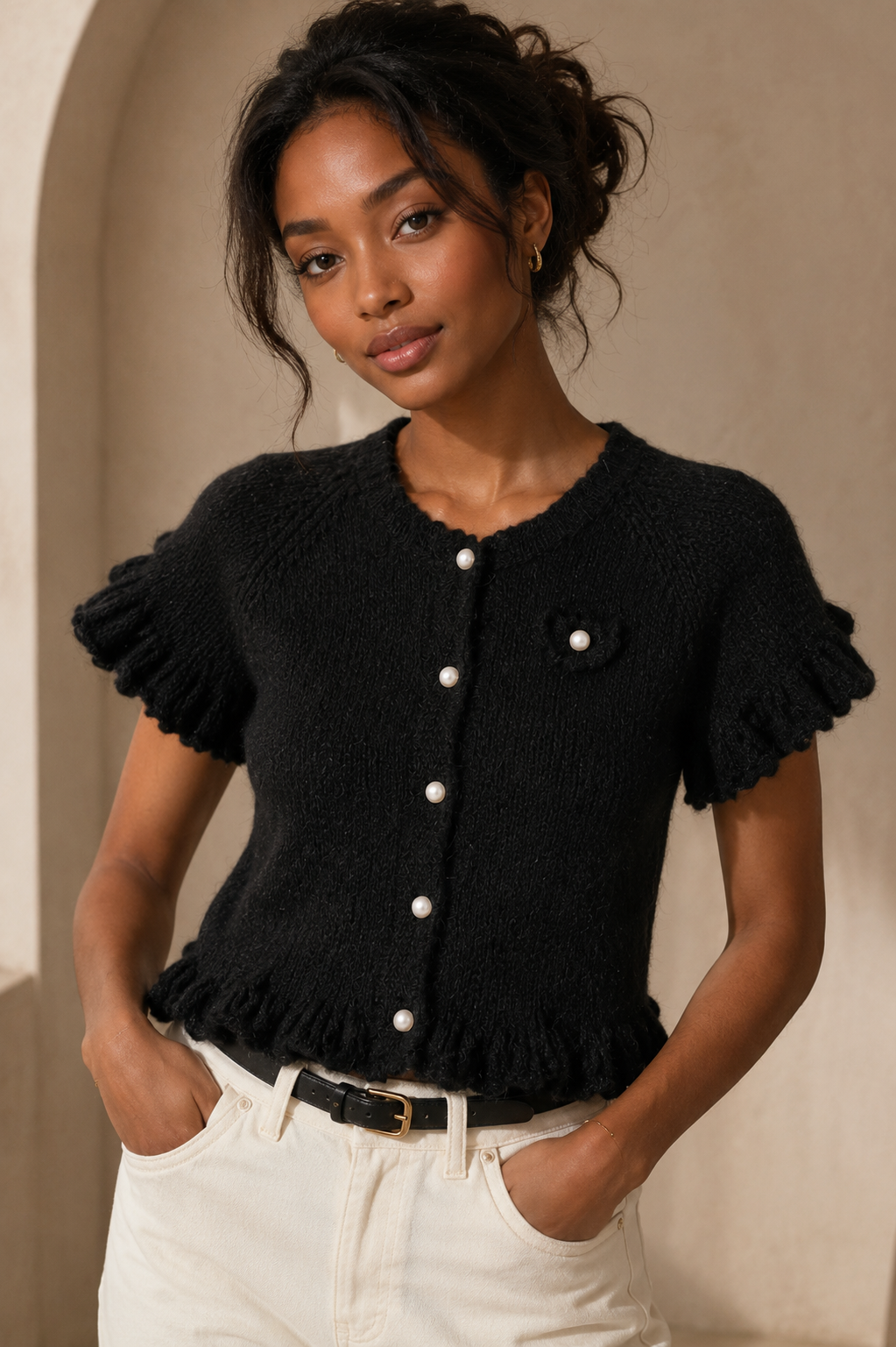 Camille Pearl Knit Top – Black