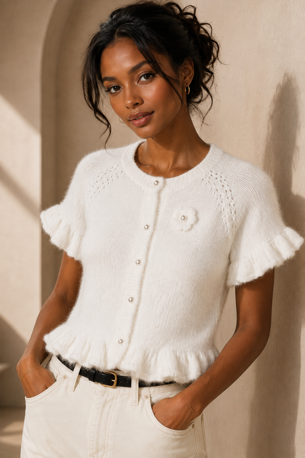 Camille Pearl Knit Top – White