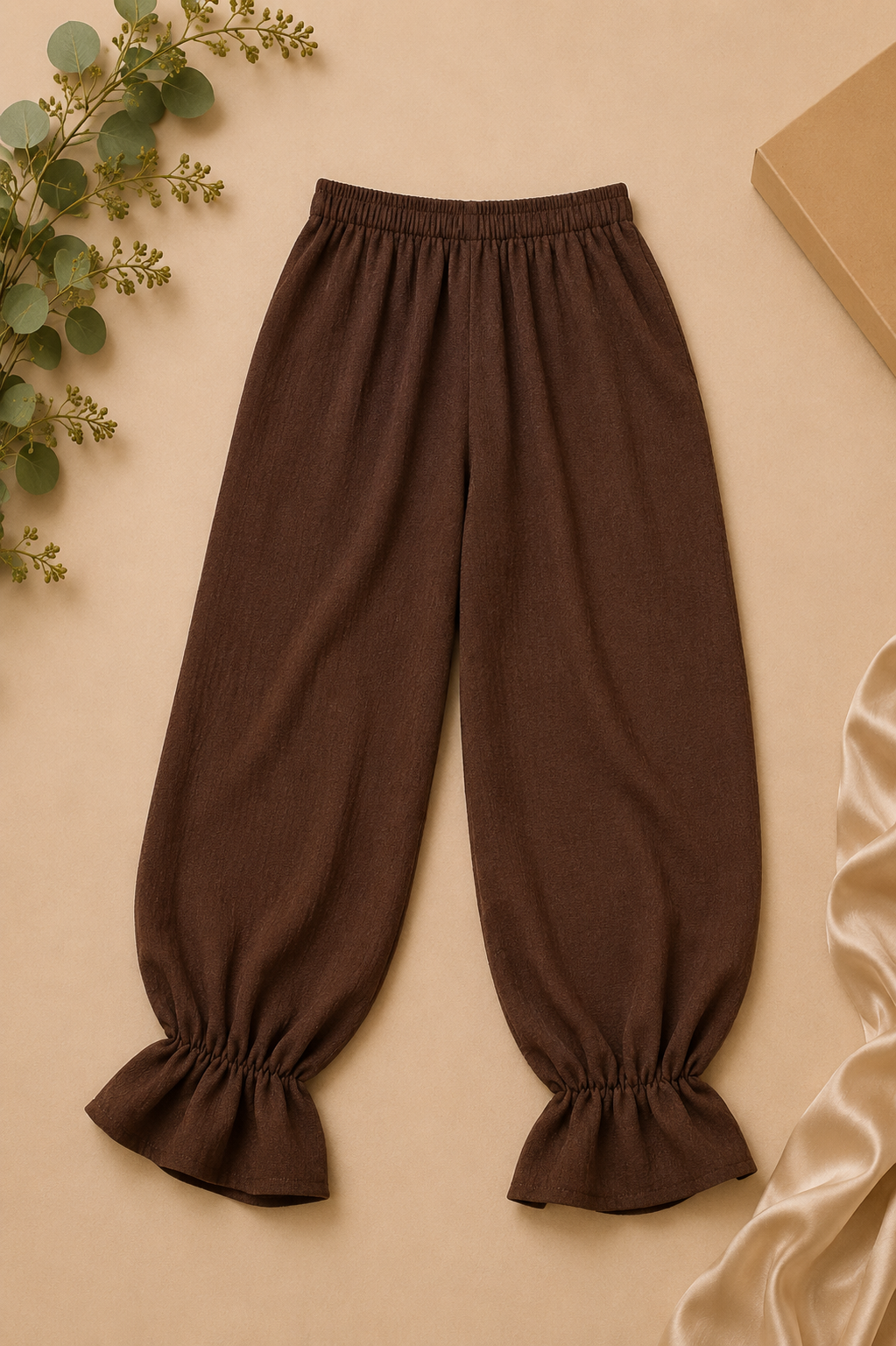 Chocolate Brown Ruched & Ruffled-Hem Set