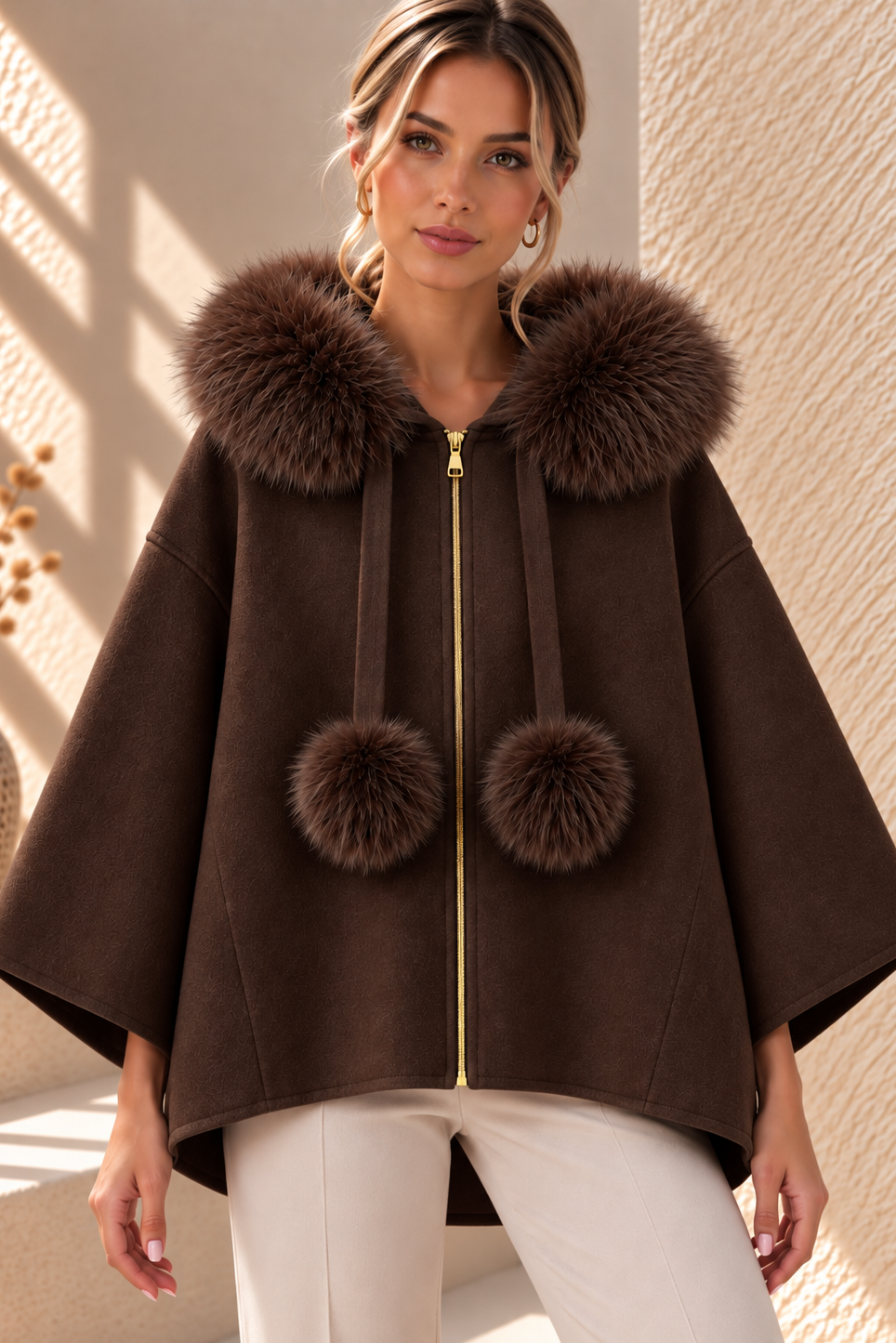 Virelle Fur Trim Cape – Darker Brown