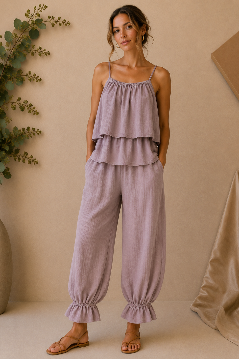 Dusty Mauve Ruched & Ruffled-Hem Set