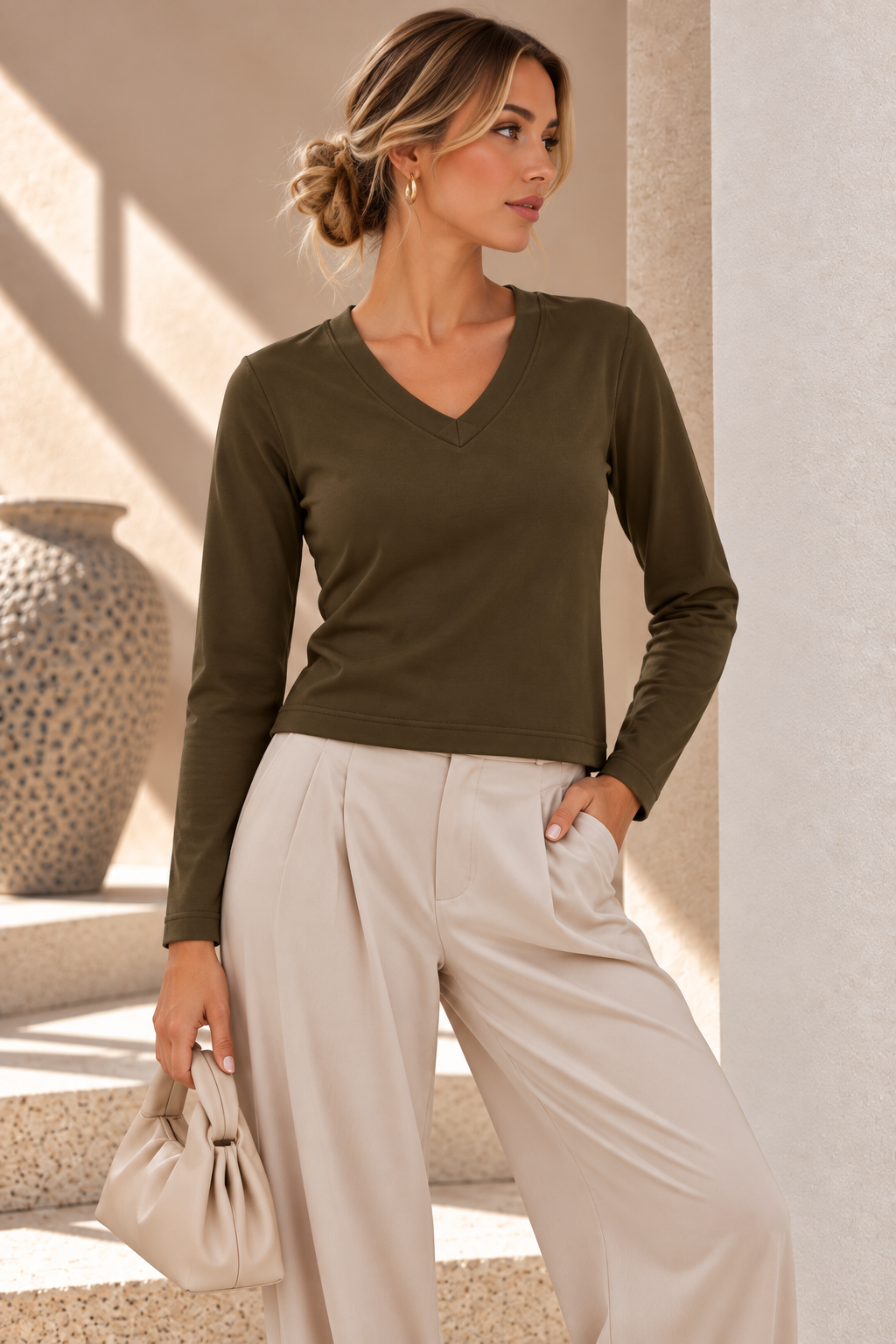 Edit V-Neck Top – Khaki