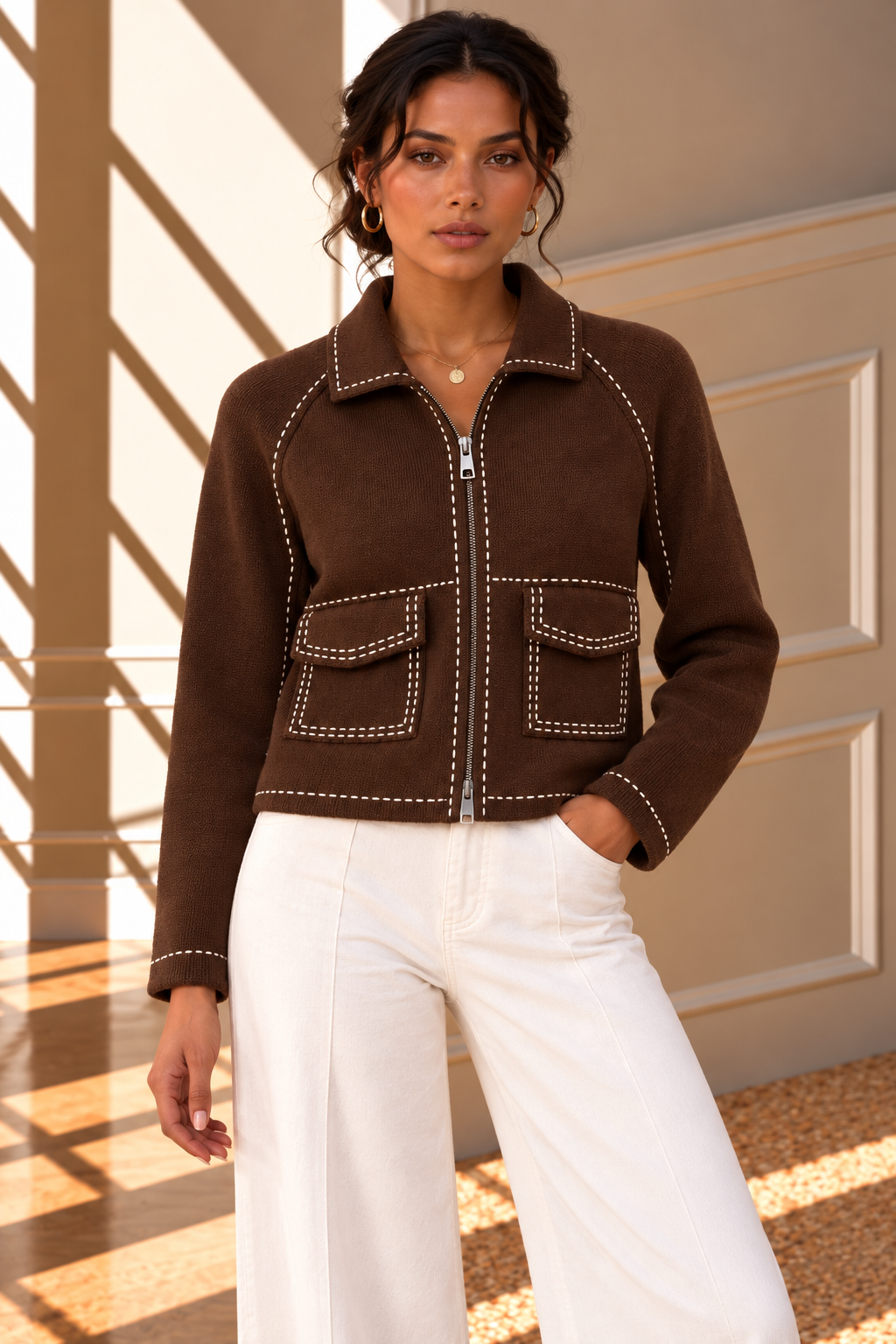 Marlowe Contrast Stitch Knit Jacket – Brown