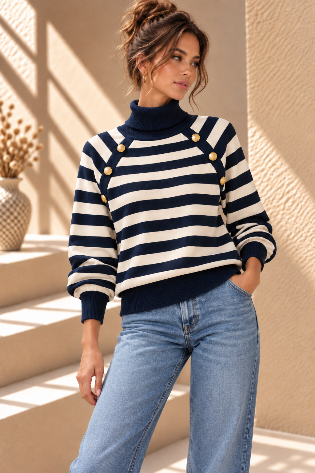 Hensley Stripe Roll Neck – Navy & Cream