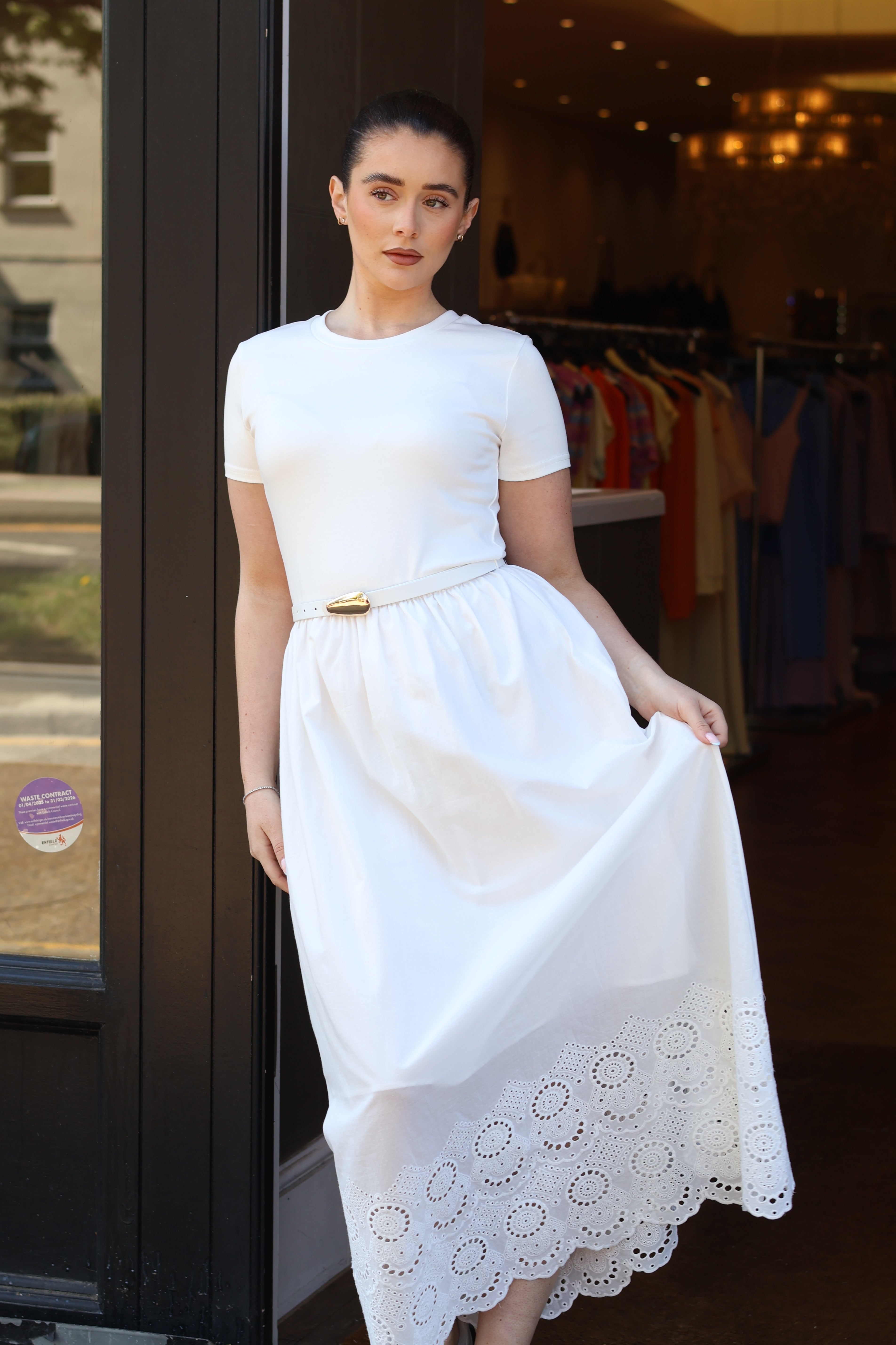 Vera Belted Broderie Hem Midi Dress