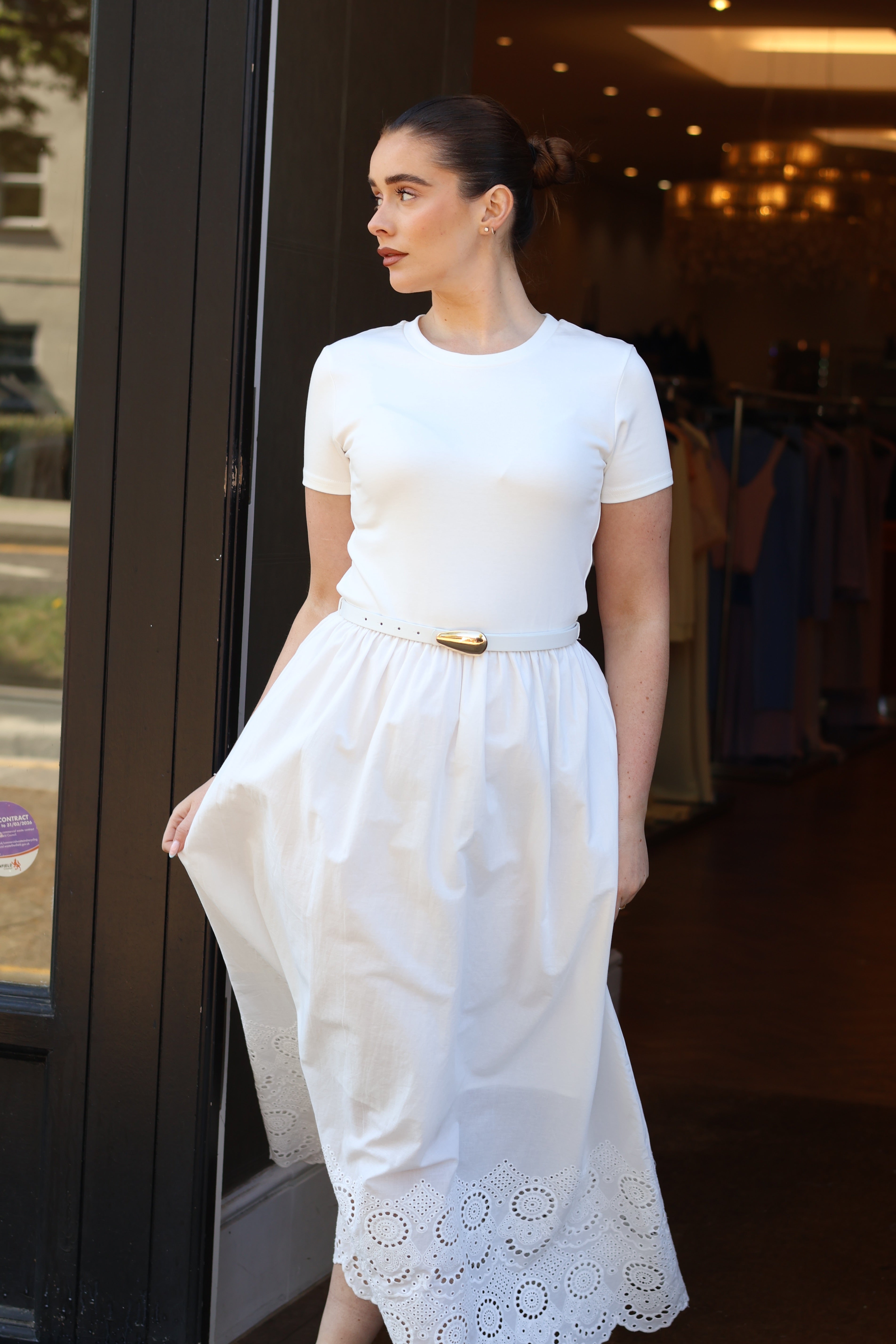 Vera Belted Broderie Hem Midi Dress